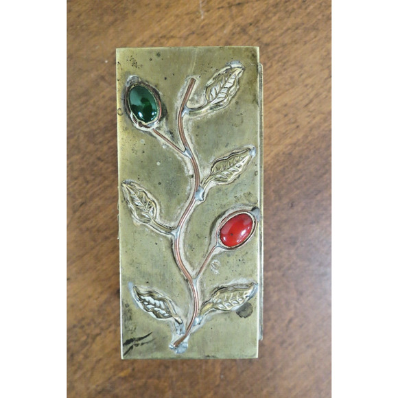 Chinese Brass Stamp Box Or Trinket Box W/ Cabochons & Vine Floral Design Vintage - Picture 3 of 5